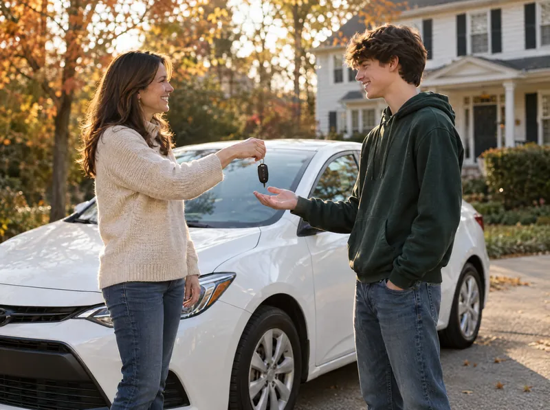 Parent handing car keys to a teenage driver in a driveway