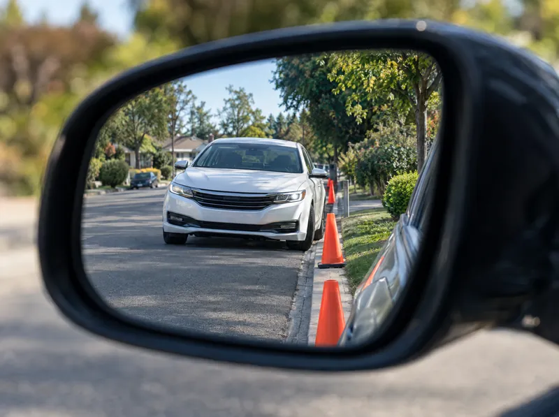 Car parallel parking along a curb, seen in a side mirror
